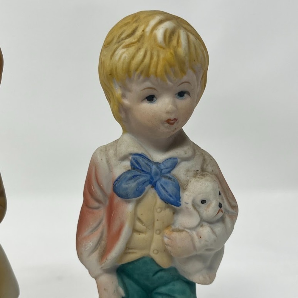 Vintage Bisque Boy and Girl Figurine Set Holding Dogs 7 inch Figurines - Picture 5 of 8